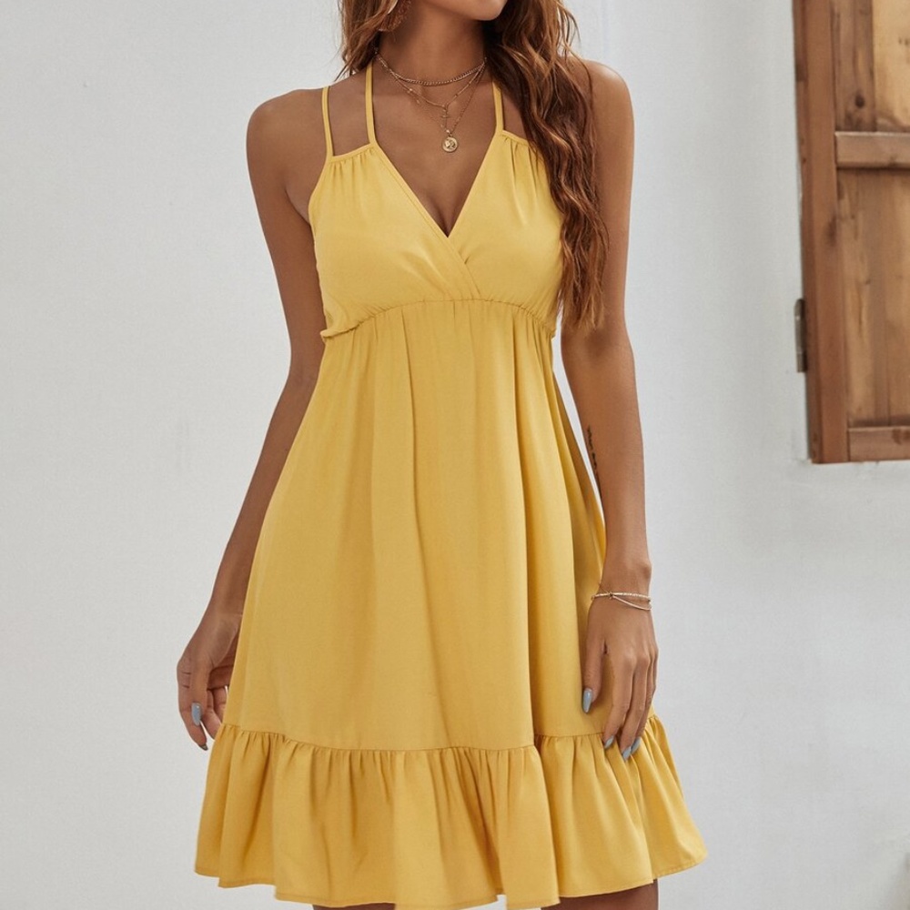 bohemian Pink strappy v neck ruffle hem dress - Picture 3 of 9